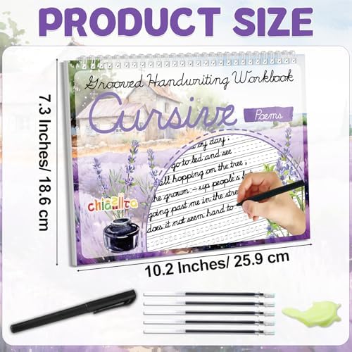 chiazllta Grooved Cursive Handwriting Workbook with Disappearing Ink Pens Magic Reusable Grooved Cursive Writing Practice for Beginners Kids Kickoff Student Workbook Homeschooling Supplies (Poems) - Image 2