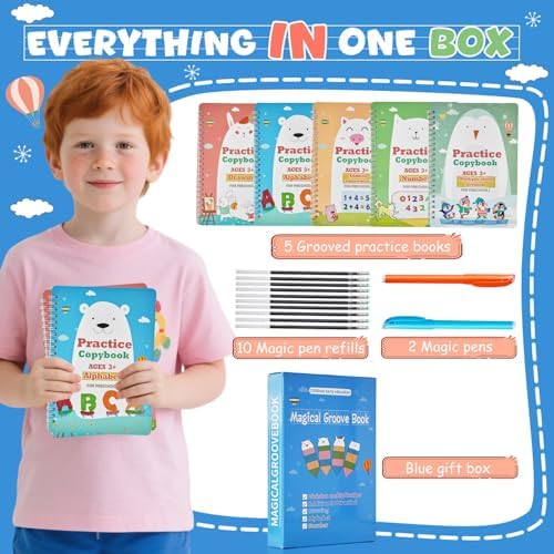 Magic Grooved Writing Books for Kids-Handwriting Practice for Kids 5-8 - Tracing Books for Kids Ages 3-5 - Preschool, Kindergarten Learning-Letters, Numbers, Math, Drawing (Blue Box, 10.3 in x 7.3 in) - Image 2