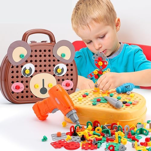 Magic Montessori Play Toolbox with Drill, 203Pcs Magic Montessori Play Toolbox Bear-Themed, 2D/3D Creativity Tool Box Montessori Toys Gift for Age 3-12 Years Old Boys Kids, Girls - Image 3