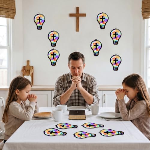Renbuzhu 48PCS Sunday School VBS Crafts Bulk: Paper Lightbulb Cross Nativity Suncatchers, Jesus Religious Christian Activity DIY Kits Church Decorations, Window Stained Glass Effect Art Supplies - Image 2
