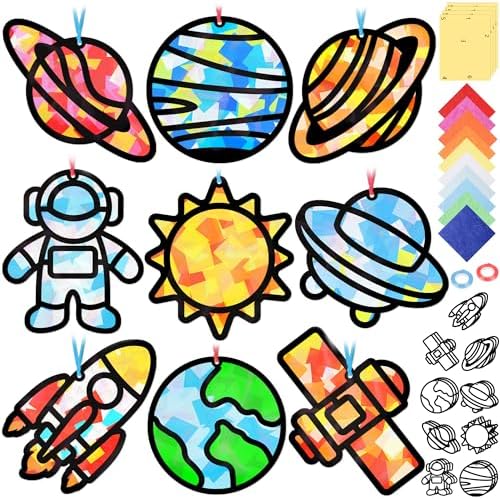 Renbuzhu 48PCS Solar System Space Paper Suncatchers DIY Project Kits, Back to School Window Stained Glass Effect Art Supplies for Party by Renbuzhu