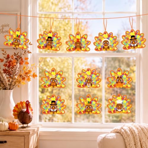 Renbuzhu 48PCS Thanksgiving Crafts Bulk: Cute Turkey Paper Suncatchers DIY Kit for Fall Activities Decorations, Window Stained Glass Effect Art Supplies - Image 7