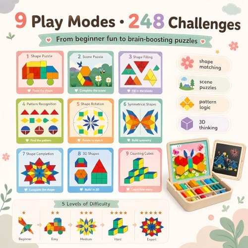 248 Pcs Wooden Magnetic Pattern Block Set with Cards, Pen & Storage Bag, Montessori STEM Tangram Puzzle Toys for Toddlers 4 5 6 7 8, Educational Brain Teaser Gift for Boys Girls - Image 3
