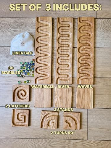 Wooden Marble Run Track Race Wooden Maze Board Ball Run Montessori Educational Toy Gift for Kids Winding Wave Roller Track(Set of 3) - Image 2