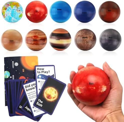 Mini Foam Planets Balls Toy, 10 PCS Solar System Stress Balls for Kids Adults, Squeeze Global for Stress Relief, Science Kit Gift for Early Learning, Classroom Prize for Boys Girls (with Flash Cards) by Mechaniker