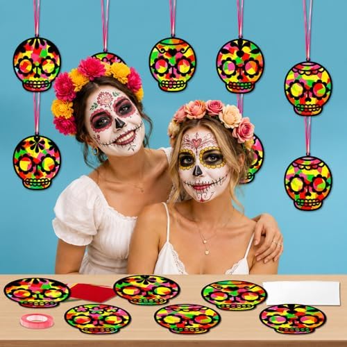 Qyeahkj 36 Set Day of The Dead Suncatchers Crafts for DIY Skull Window Tissue Paper Craft Kit Hanging Decor for Mexico Home Activity Art Project Birthday Party Favor Gift - Image 5
