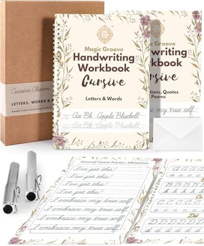 UNCLE EJ® Grooved Cursive Handwriting Workbook Kit - Reusable Cursive Workbook for Kids 8-12 and Adults, Magic Grooved Handwriting Practice, Letters Words Poetry & Affirmations, Cursive Charm, 9.8"x7" by UNCLEEJ