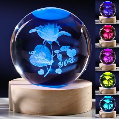 3D Rose Gifts for Women - Crystals Ball 60mm - Rose Figurines Decor Glass I Love You Gifts for Room, Birthday, Lovers, Girlfriend, Wife by Unknown