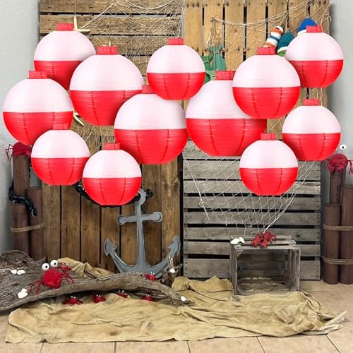 Fishing Bobber Paper Lanterns Round Decoration Lantern 12 PCS Red and White Hanging Paper Lanterns for Fishermen Theme Party Decoration Supplies Birthday Decor - Image 6