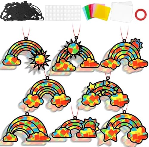 QOUBAI 32 Sets Rainbow Suncatchers Craft Kit DIY Window Stained Glass Effect Planet Rainbow Sun Paper Crafts Home School Classroom Decoration Kid Birthday Gift Creative Art Project Activity Game by QOUBAI