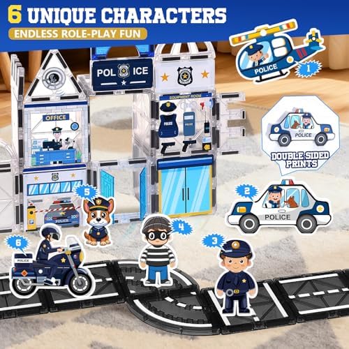 60PCS Police Station Magnetic Tiles Construction Set with 6 Magnetic Dolls - Image 2