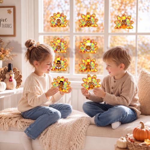 Renbuzhu 48PCS Thanksgiving Crafts Bulk: Cute Turkey Paper Suncatchers DIY Kit for Fall Activities Decorations, Window Stained Glass Effect Art Supplies - Image 5