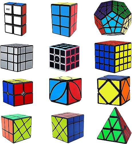 Ahyuan Speed Cube 12 Pack Magic Speed Cube Bundle 1x2x3 2x2x2 2x2x3 3x3x3 4x4x4 Cube Pyramid Triangle Cube Mirror Skew Axis Windmill Ivy Megaminx Cube Brain Teaser Puzzle Fidget Toys for Kids Adults by Ahyuan