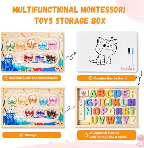 4-in-1 Magnetic Color and Number Maze Toys Box with Alphabet Puzzles Drawing Board, Wooden Storage Montessori Toy for 3-5 Year Old, Toddlers Educational Learning Toy Gifts for Kids Boys Girls - Image 2