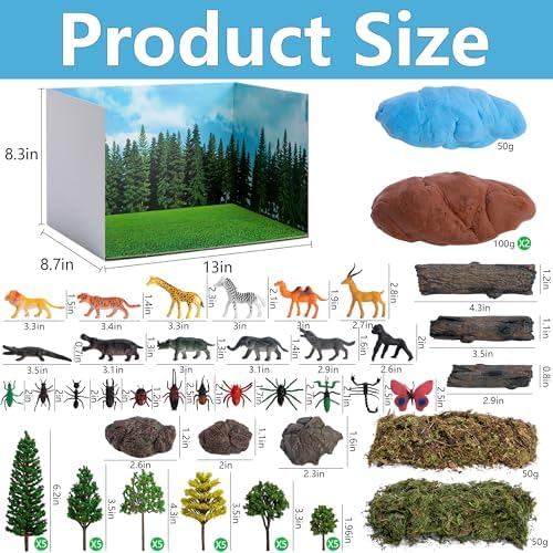 codree 65 Pcs Jungle Diorama Kit Habitat Project Box Set, Cardboard Diorama Box Animals Model Scenery Kit, Animal Figurines Rainforest Diorama Supplies for DIY Crafts Birthday Gifts Party Favor - Image 2