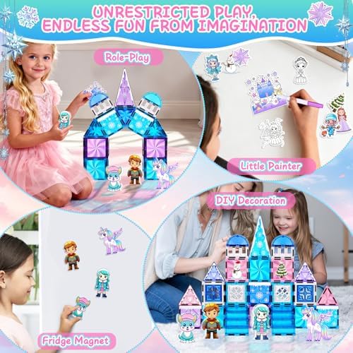 Princess Castle Magnetic Tiles 112PCS with 4 Dolls 2 Stairs &DIY Decors Kit - Image 6