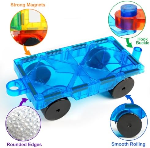 Magnetic Tiles Car Building Kit for Toddlers, 4 PCS Magnet Construction Trucks, STEM Toys for Boys Girls Ages 3-5 4-8,Educational Vehicle Engineering Set, Gifts for Kids - Image 3