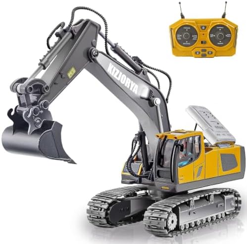 KIZJORYA Remote Control Excavator, Toys for Boys Age 6-12, Rechargeable 11 CH RC Construction Vehicles Truck with Sound Light Metal Shovel, Birthday for Kids 7 8 9 10+ Year Old(2.4 GHz) by KIZJORYA