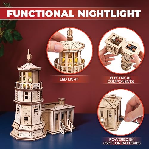 Ugears Split Rock Lighthouse, 3D Puzzle, 9.45-inch Height, Brown - Image 5
