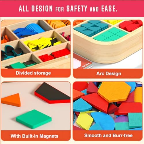 288 PCS Wooden Magnetic Pattern Blocks Set – Montessori Tangram Puzzle with Pattern Cards & Storage Bag | Preschool Montessori Brain Teaser, STEM Gift for 3-8 Years Old Toddler Kids - Image 4
