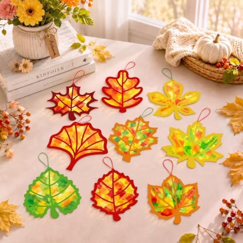 Renbuzhu 48PCS Fall Crafts Bulk: Leaves Pumpkins Paper Suncatchers DIY Kit for Autumn Thanksgiving Activities Decorations, Window Stained Glass Effect Art Supplies(Colorful Style) - Image 2