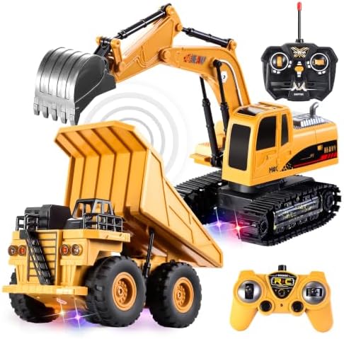 JOYIN 2 PCS Remote Control Construction Vehicle Toy Set, Friction-Powered RC Excavator & RC Dump Truck with Lights and Sounds for Imaginative Play, Birthday Gifts for Boys Girls by JOYIN