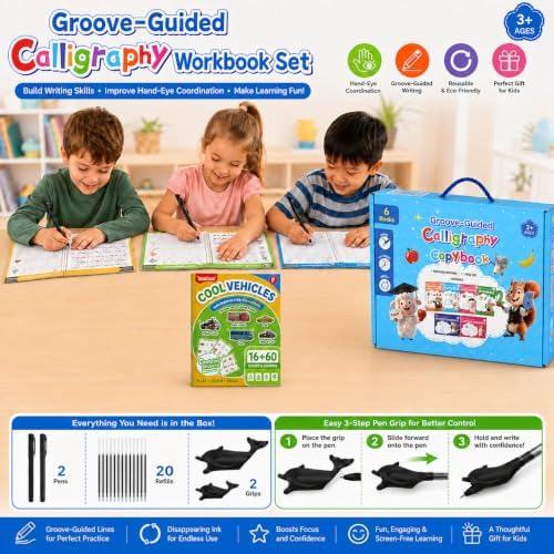 BA-RAKAHCO Magic Grooved Writing Practice for Kids Age 3-8, Grooved Handwriting Practice, Kids Writing Book, Reusable Tracing Set, 6 Books and 8 Stickers Coloring Books, Disappearing Ink Kids - Image 4