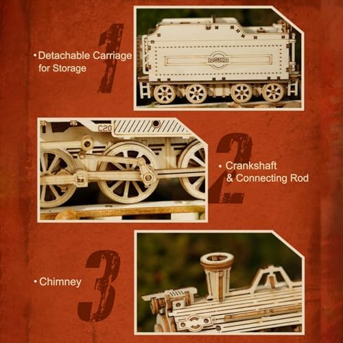 ROKR 3D Wooden Puzzle for Adults Mechanical Car Model-DIY Building Vehicle Kits-Brain Teaser Toys-Gift for Men Women on Birthday/Christmas Day (Steam Train Model with Carriage) - Image 3