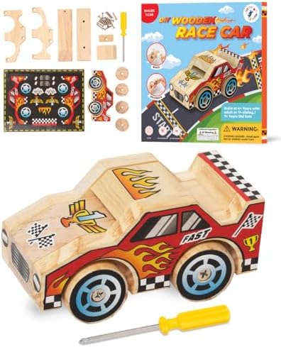 Little Jupiter DIY Wooden Kits w/Stickers - Building Kit - Stem Building Toys - Wood Crafts - Woodworking Kit - Wood Building for Ages 4-7 Yrs (Race Car) by LittleJupiter
