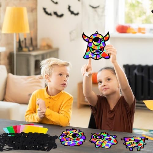 32 Sets Halloween Monster Suncatchers Craft Kit DIY Window Stained Glass Effect Halloween Monster Paper Crafts Home School Classroom Decoration Kid Birthday Gift Creative Art Project Activity Game - Image 4