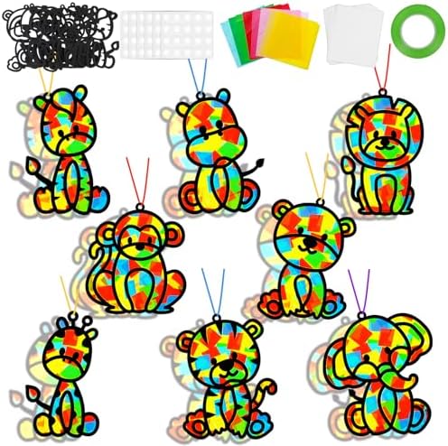 32 Sets Woodland Animal Suncatchers Craft Kit DIY Window Stained Glass Effect Forest Jungle Animals Paper Craft Home School Classroom Decoration Kid Birthday Gift Creative Art Project Activity Game by QOUBAI
