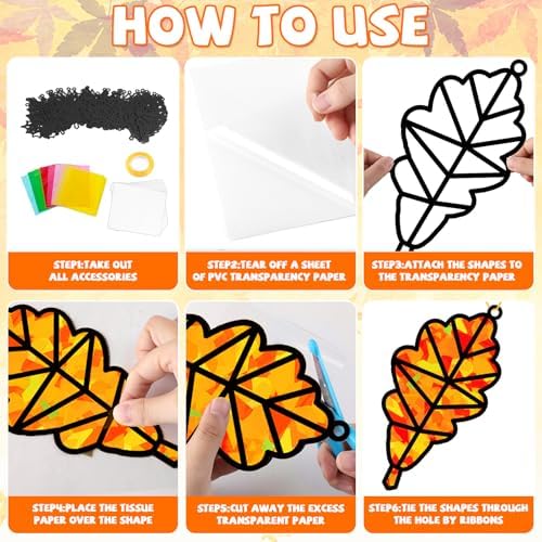 32 Sets Fall Leaf Suncatcher Craft for Kids Thanksgiving Maple Leaf DIY Art - Image 3