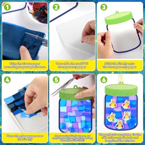 QOUBAI 32 Sets Spring Insect Suncatchers Craft Kit DIY Window Stained Glass Effect Firefly Jar Paper Craft for Home School Classroom Decor Kid Birthday Gifts Creative Art Projects Activity Game - Image 3