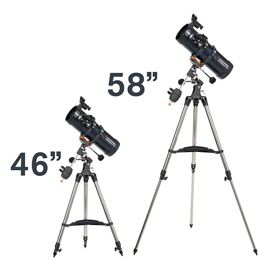 Celestron – AstroMaster 114EQ Newtonian Telescope – Manual Reflector for Beginners – Aluminized Mirror – Adjustable-Height Tripod – Includes Accessories Plus Astronomy Software Package
