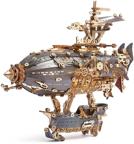 FUNPOLA LED 3D Wood Puzzle Fantasy Airship Model - Steampunk DIY Craft Kit with LED Lights – Intricate Wooden Airship Model Building Set for Adults(Gray) by FUNPOLAHomeDecor3DPuzzles