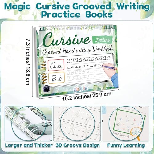 gisgfim Grooved Cursive Handwriting Workbook Magic Reusable Grooved Cursive Handwriting Practice Guided Tracing with Disappearing Ink Pens for Beginners Kids Learning Activities Supplies (Letters) - Image 2