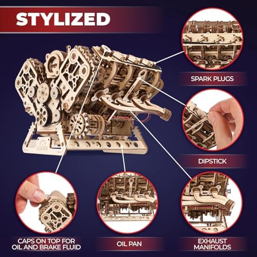 UGEARS V8 Engine Model Kit - 3D Wooden Puzzles for Adults, 3D Puzzle Model Engine Kit, DIY Kits Gifts for Engineers for Fathers Day, Wooden Model Kits for Adults to Build, Brain Teaser Hobby Set - Image 4