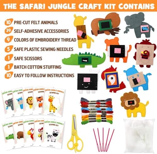 CiyvoLyeen Kids Sewing Kit Crafts - Safari Jungle Animal DIY Felt Crafts for Boys & Girls Art & Craft Set Learn to Sew Toy Animals Gift for Ages 7–12, 10 Cute Projects - Image 2