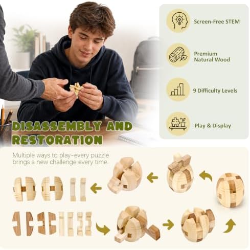 VolksRose 12pcs Wooden Brain Teaser Puzzles, IQ Challenge Puzzle Games, Logic Smart Mind Puzzle Box Lock Toy Removing Assembling 3D Small Puzzle Gift Set for Adults Teenagers Kids, 1.8inch 4.5cm - Image 2