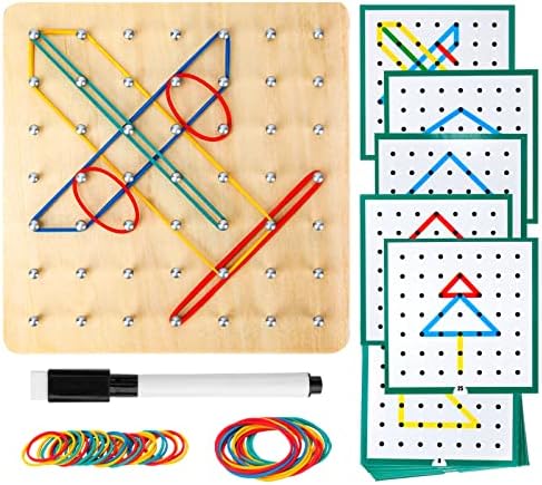 HEELWIRE Wooden Geoboard,Montessori Toy,Graphical Mathematical Education Toy for Kids with Pattern Cards and Rubber Bands to Figures and Shapes, Brain Teaser STEM Toy Geo Board (6 * 6 * 0.6 in) by HEELWIRE