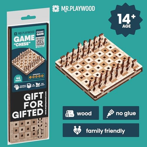 Mini Travel Chess Set - 3D Wooden Puzzle for Teens and Adults - Small Pocket Chess Board with Internal Storage - Portable Mechanical DIY Model Kit - Tiny Miniature Wood Game for Travel - Image 6