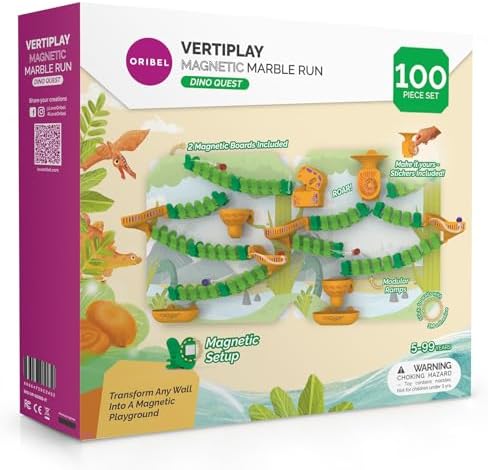 Oribel VertiPlay Magnetic Marble Run | 100 pcs STEM Toy, Dino Quest Edition | 2 Magnetic Play Boards | Wall Toy for Kids Age 5+ | Magnetic Track-Building Set | Dinosaur-Themed Stick-On Playboard by loveoribel