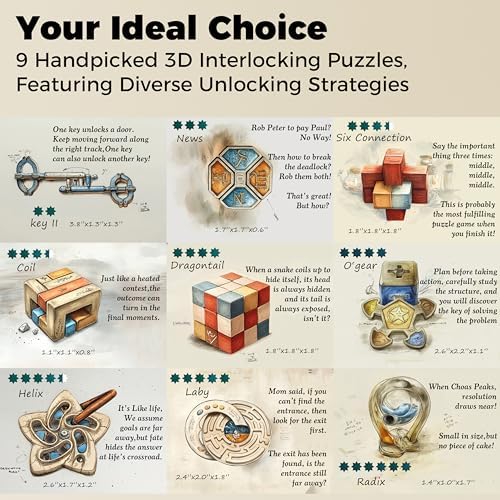 9PCS Metal Brain Teaser Puzzle Set, 3D Disentanglement Interlocking IQ Brain Puzzles for Adults & Teens, Fidget Desk Toy, Stress Relief Gift for Birthday, Christmas, Holiday & Family Party - Image 2