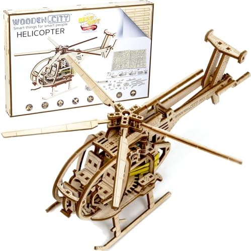 WOODEN.CITY Helicopter 3D Wooden Puzzle – Wooden Model Kit for Adults, 173-Piece Mechanical Helicopter with Working Rotor, DIY Aircraft Model, Made in EU by WoodenCity