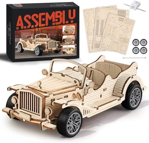 3D Wooden Puzzles for Adults, Pull Back Vintage Car Building Kits by Unknown