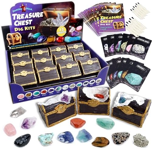 DANCING BEAR Treasure Chest Dig Kit Party Pack for 12 Kids, Excavate 12 Surprise Real Gems & Crystals, STEM Education, Fun Pirate Booty Hunt, Science Activity Gift Sets for Girls and Boys by DancingBear