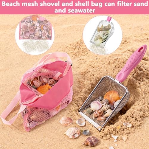 fethwoin 2Pcs Shark Tooth Sifter with 2Pcs Mesh Shell Bags, Beach Sand Sifter, Sea Shell Scooper for Beach, Sand Beach Toys for Kids, Medium, Pink - Image 4