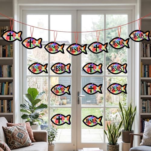Renbuzhu 48PCS Sunday School VBS Crafts Bulk: Paper Jesus Fish Nativity Suncatchers, Religious Christian Activity DIY Kits Church Decorations, Window Stained Glass Effect Art Supplies - Image 2