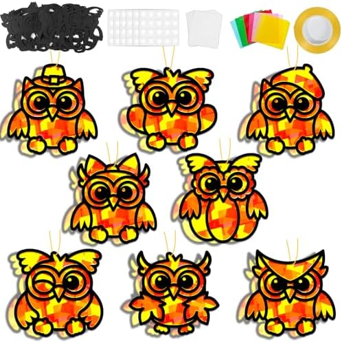 QOUBAI 32 Sets Fall Owl Suncatchers Craft Kit DIY Window Stained Glass Effect Autumn Owl Paper Crafts Home School Classroom Decoration Kid Birthday Gift Creative Art Project Activity Game by QOUBAI