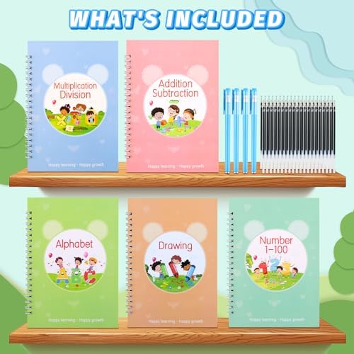 Grooved Magic Practice Copybook, Reusable Writing Practice Book, for Preschool Kids Age 3-8 ​Calligraphy (5 Books with 40 Pens) (Colorful) - Image 2